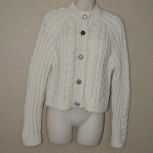 $450 Sz S Ganni Ivory Heavy Cable Knit Crystal Button Cardigan Sweater